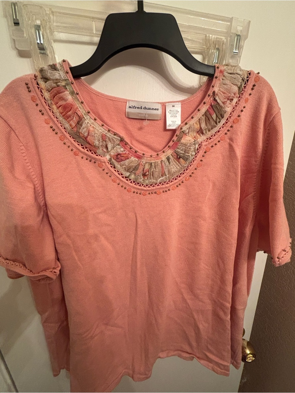 Alfred Dunner Peach Short Sleeve Scoop Neck Top with Decorative Trim